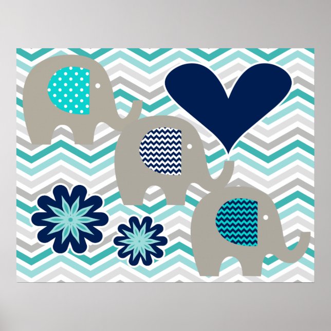 Hearts and Flowers Elephant Nursery Poster (Front)
