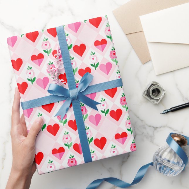 Hearts and Flowers on Diamonds Valentine Wrapping Paper (Gifting)