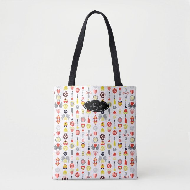Hearts and Flowers Red and Black Cute Minimalist T Tote Bag (Front)