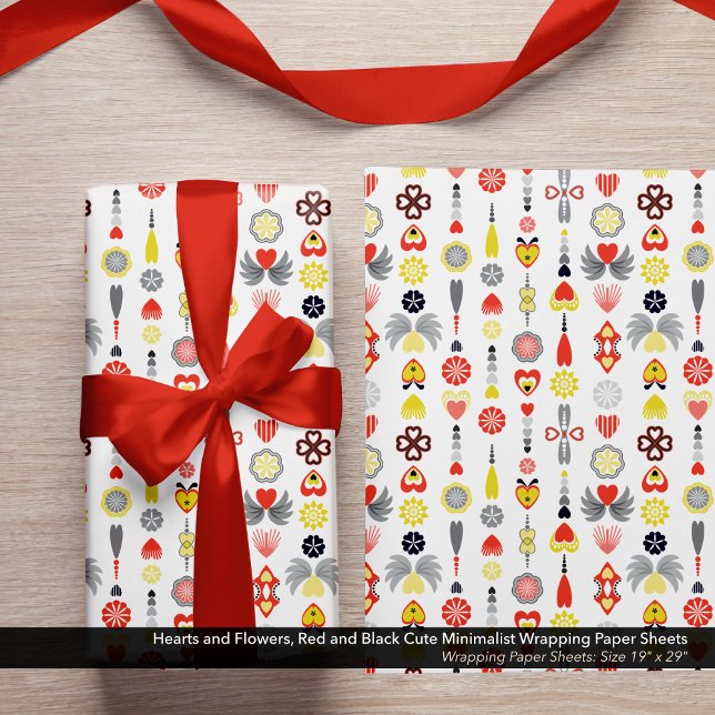 Hearts and Flowers Red and Black Cute Minimalist Wrapping Paper Sheet (Cute Hearts and Flowers, Red and Black Minimalist Wrapping Paper Sheets)