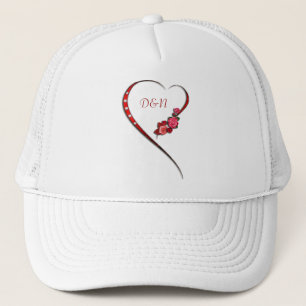 Hearts and flowers wedding initials trucker hat