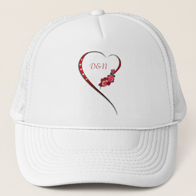 Hearts and flowers wedding initials trucker hat (Front)