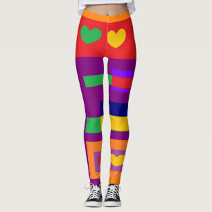 Hearts and giant stripes in red yellow purple blue leggings