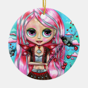 Hearts and Kisses Cute Big Eye Fairy Doll Ceramic Ornament
