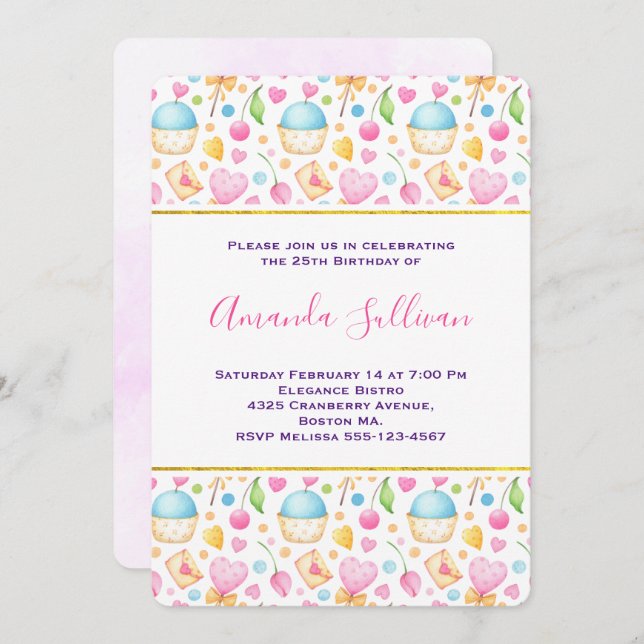 Hearts and Love Delightful Watercolor Pattern Invitation (Front/Back)