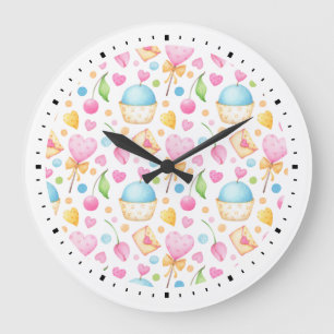 Hearts and Love Delightful Watercolor Pattern Large Clock