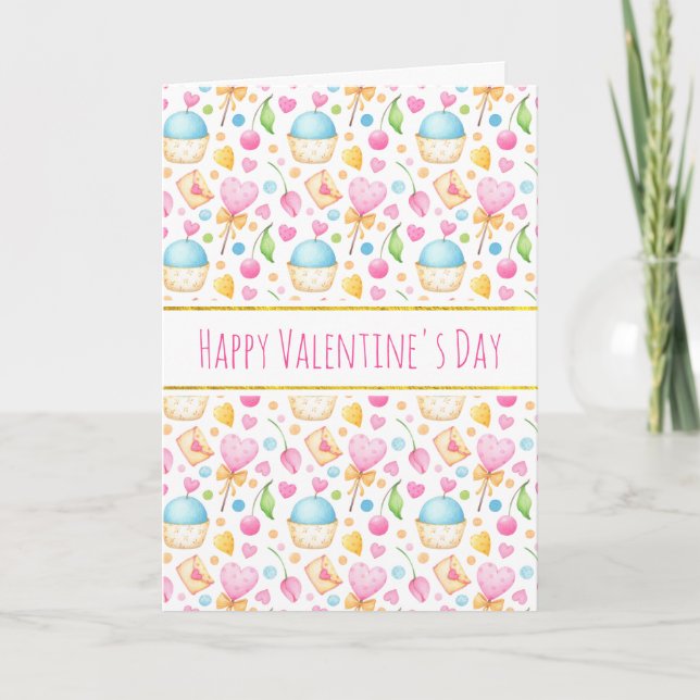Hearts and Love Watercolor Pattern Valentine's Card (Front)