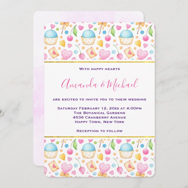 Hearts and Love Watercolor Pattern Wedding Invitation (Front/Back)