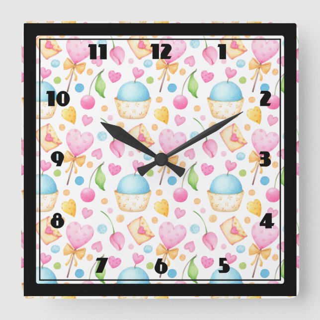 Hearts and Muffins Delightful Watercolor Pattern Square Wall Clock (Front)