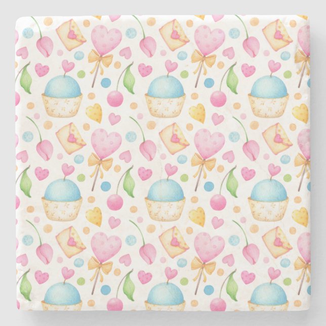 Hearts and Muffins Delightful Watercolor Pattern Stone Coaster (Front)