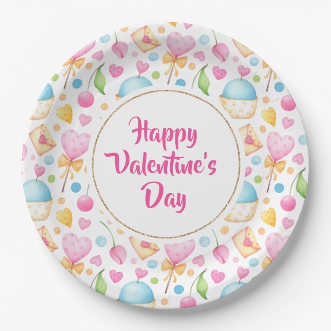 Hearts and Muffins Valentine's Watercolor Pattern Paper Plate (Front)