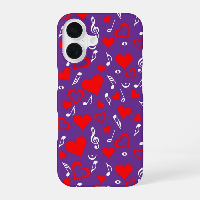 Hearts and Music Notes iPhone 16 Case (Back)
