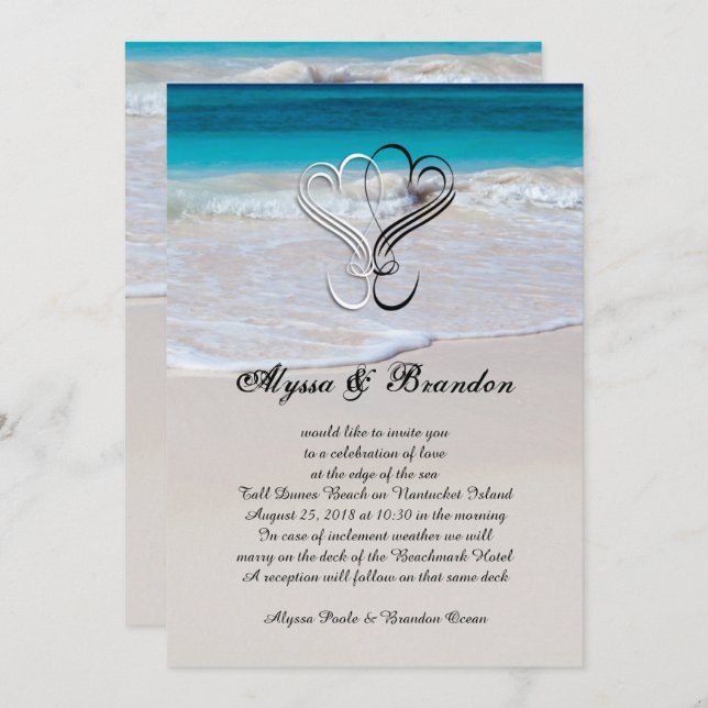 Hearts and Ocean Scene Custom Wedding Invitations (Front/Back)