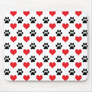 Hearts and paw prints pattern mouse pad