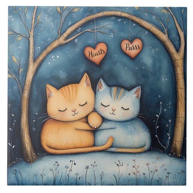 Hearts and Purrs Feline Soulmates Illustrated Art  Ceramic Tile (Front)