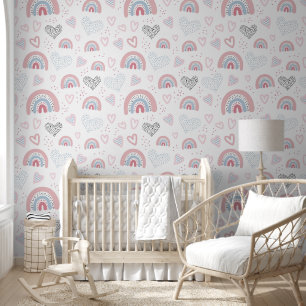 Hearts and Rainbows Baby Nursery Wallpaper