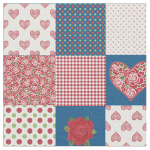 Hearts and Red Roses Faux Patchwork Pattern Fabric