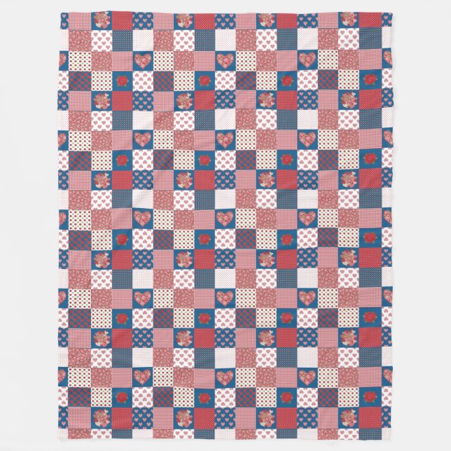 Hearts and Roses Faux Patchwork Fleece Blanket (Front)