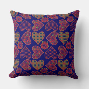 Hearts and Roses Pattern on Deep Blue Cushion