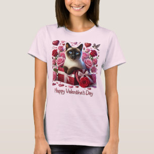 Hearts and Roses Valentines Day Siamese Cat  T-Shirt