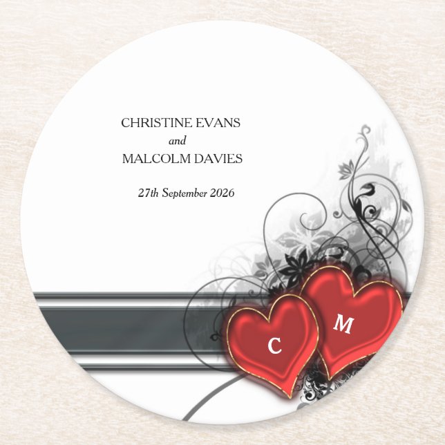 Hearts and Scrolls Round Paper Coaster (Front)