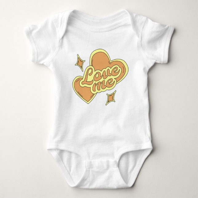 Hearts and Stars in 80s Style Yellow Baby Bodysuit (Front)
