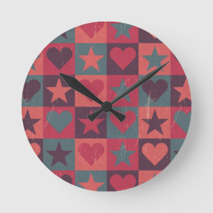 Hearts And Stars Pattern Pink Round Clock