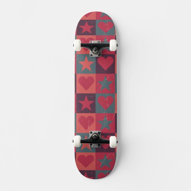 Hearts And Stars Pattern Pink Skateboard (Front)