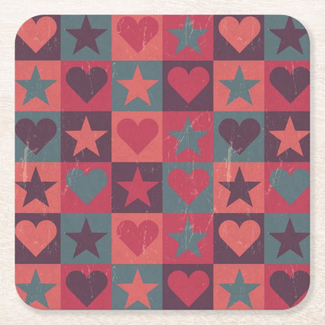 Hearts And Stars Pattern Pink Square Paper Coaster (Front)