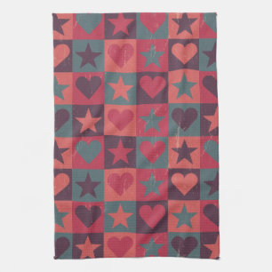 Hearts And Stars Pattern Pink Tea Towel