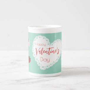 Hearts and Strawberries Happy Valentines Day Bone China Mug
