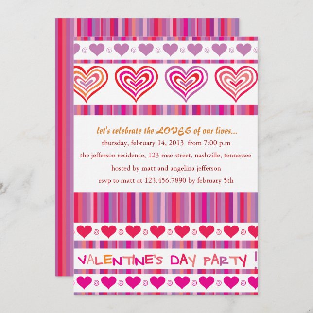 Hearts and Stripes Valentine Party Invitations (Front/Back)