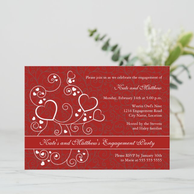 Hearts and Swirls Engagement Party Invitation (Standing Front)