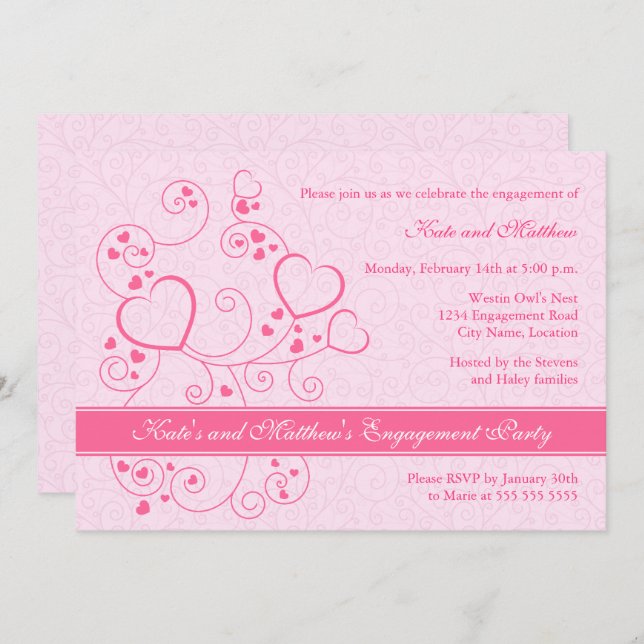 Hearts and Swirls Engagement Party Invitation (Front/Back)