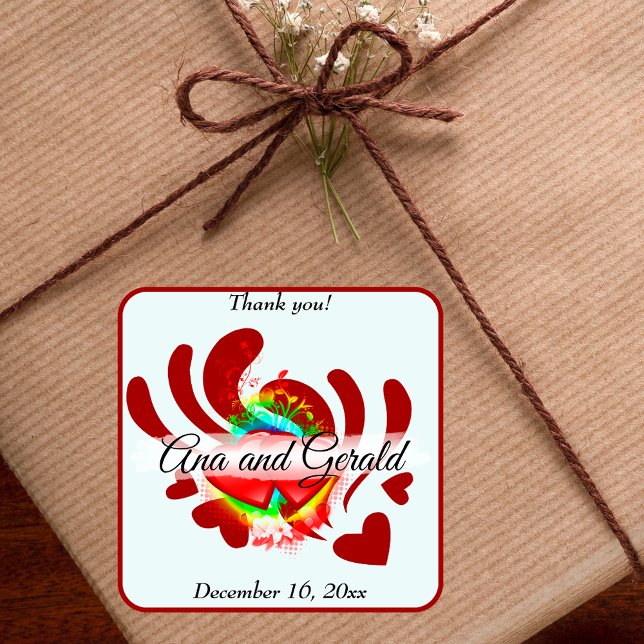 Hearts and vines Thank You Wedding Favour Square Sticker (Creator Uploaded)