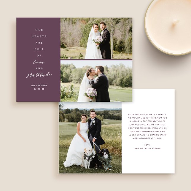Hearts are Full Three Photo Purple Wedding Thank You Card (Creator Uploaded)