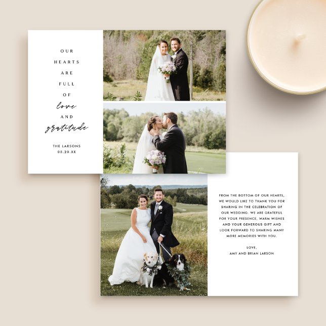 Hearts are Full Three Photo Wedding Thank You Card (Creator Uploaded)