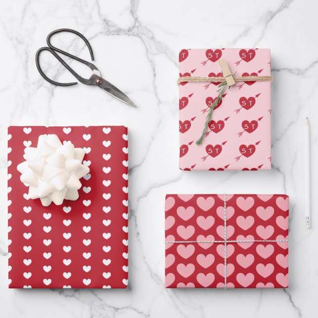 Hearts Arrows Initials Personalised Valentine Wrapping Paper Sheet (Front)