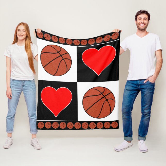 Hearts & Basketball Players Cute Chequered Pattern Fleece Blanket (In Situ)