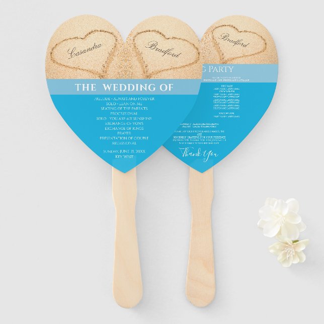 Hearts Beach Wedding ceremony program Blue Hand Fan (Front and Back)