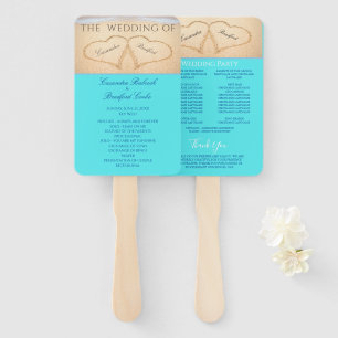 Hearts Beach Wedding ceremony program Teal Blue Hand Fan