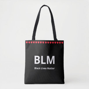 Hearts & Black Lives Matter BLM Text on Black Tote Bag