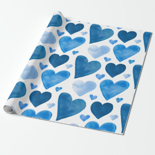 Hearts - Blue Watercolor Hearts Wrapping Paper