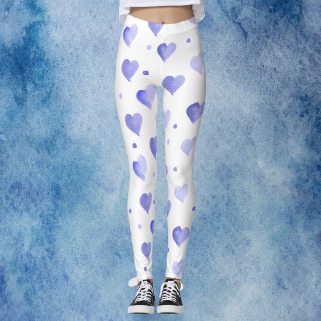 Hearts Blue Watercolor Pattern Leggings (A pair of leggings with a fun pattern of blue watercolor hearts and dots.)
