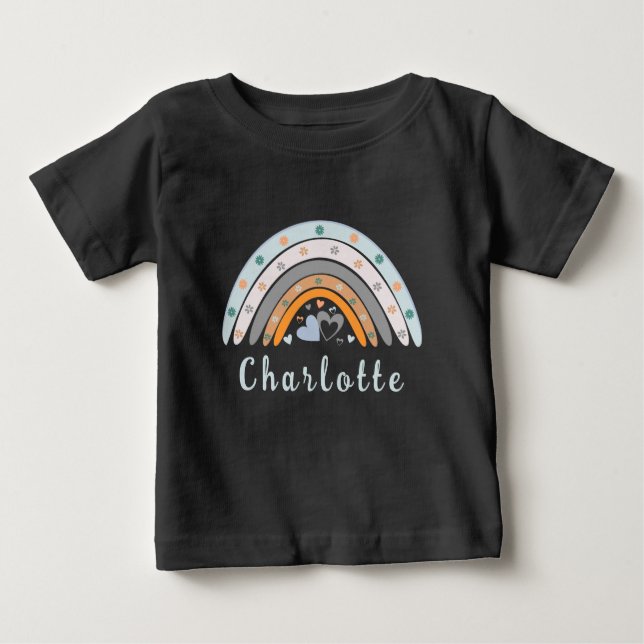 Hearts Boho Rainbow with Personalised Name Baby T-Shirt (Front)