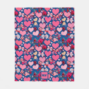 Hearts, bows, floral accents, pastels monogram fleece blanket