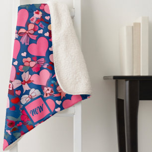 Hearts, bows, floral accents, pastels monogram sherpa blanket