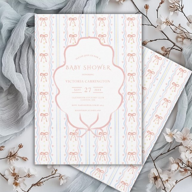 Hearts & Bows Vintage Baby Shower Invitation (Creator Uploaded)