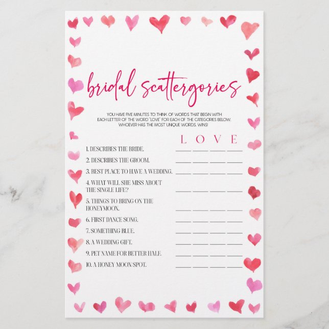 Hearts Bridal Scattergories Bridal Shower Game  Stationery (Front)