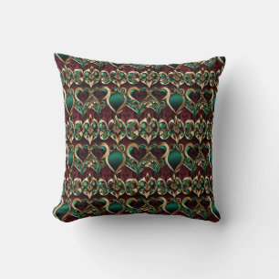 Hearts Burgundy Gold Emerald Cushion